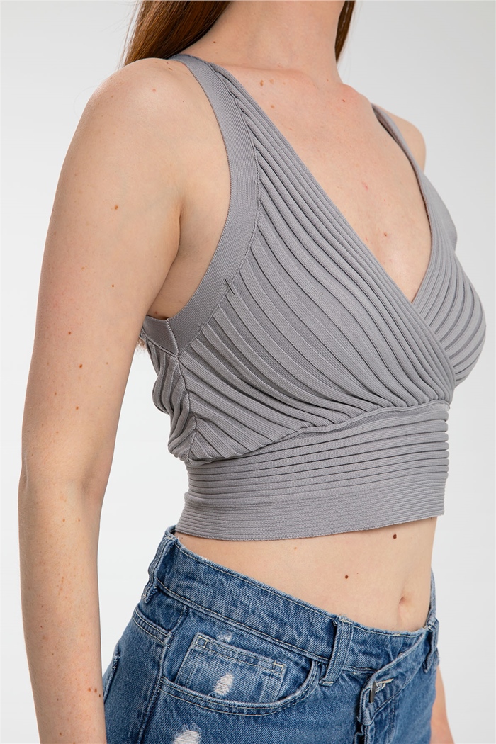 Avrile Kruvaze Yaka Fitilli Triko Bluz  GRİ  A91748-S