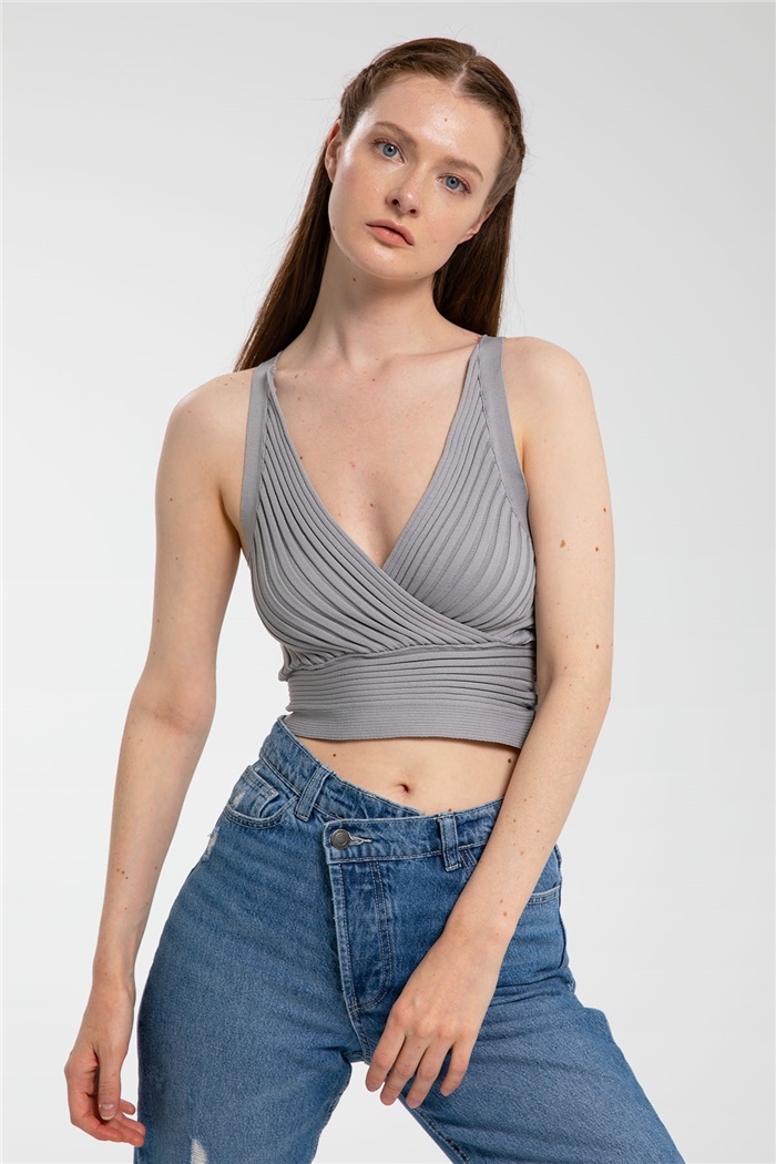 Avrile Kruvaze Yaka Fitilli Triko Bluz  GRİ  A91748-S