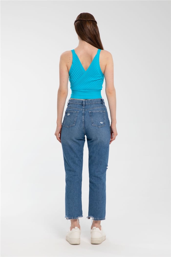 Avrile Kruvaze Yaka Fitilli Triko Bluz  AQUA  A91748-S