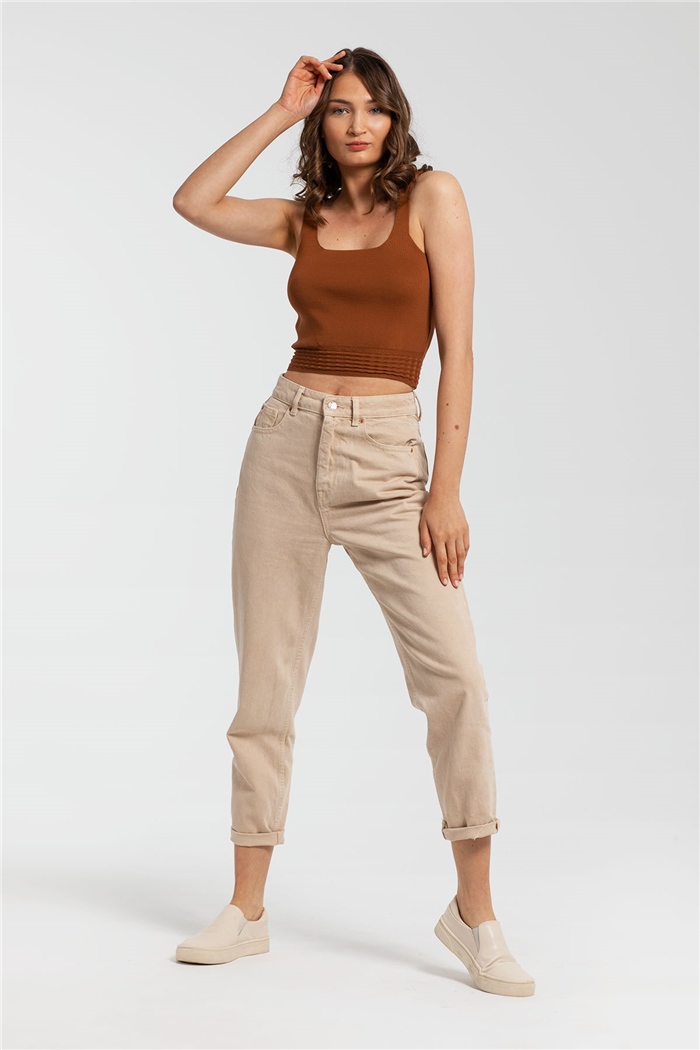 Avrile Lastiği Desenli Triko Bluz  TABA  A91741-S