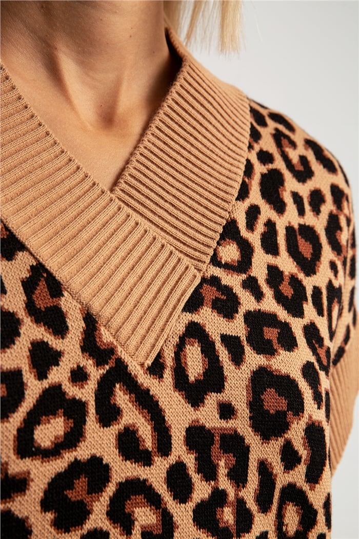 Avrile Leopar Desenli Triko Süveter  CAMEL  A91456-S