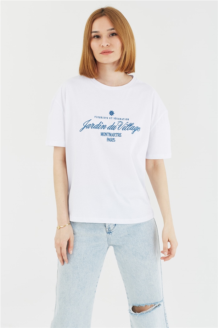 Avrile NAKIŞLI T-SHIRT  BEYAZ  A22-10551