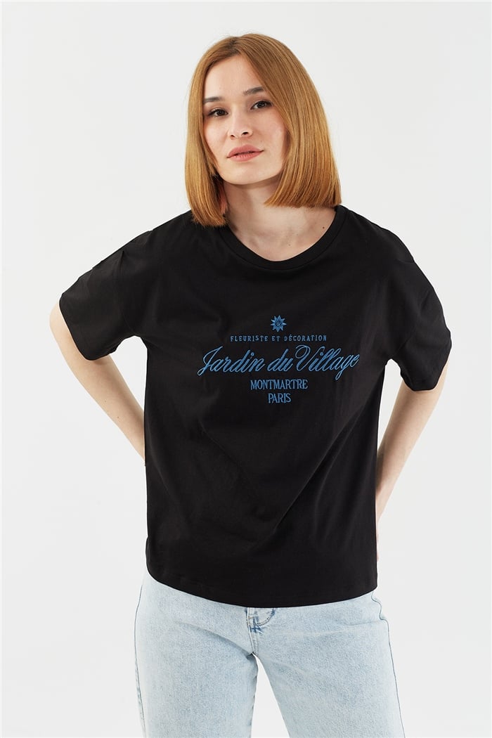 Avrile NAKIŞLI T-SHIRT  SİYAH  A22-10551