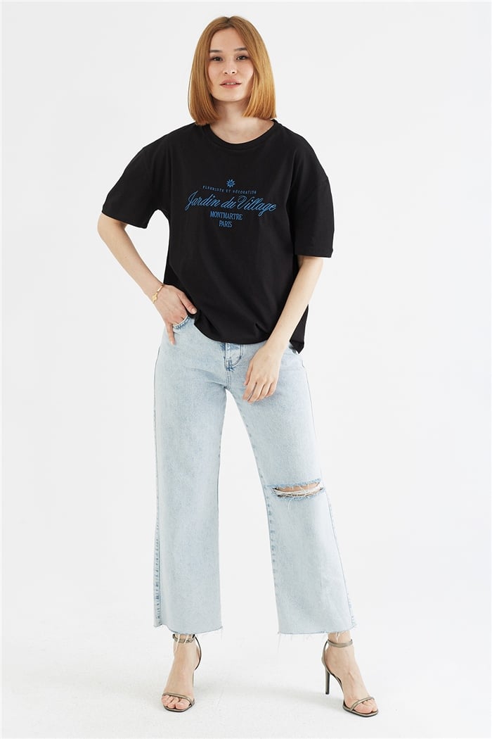 Avrile NAKIŞLI T-SHIRT  SİYAH  A22-10551