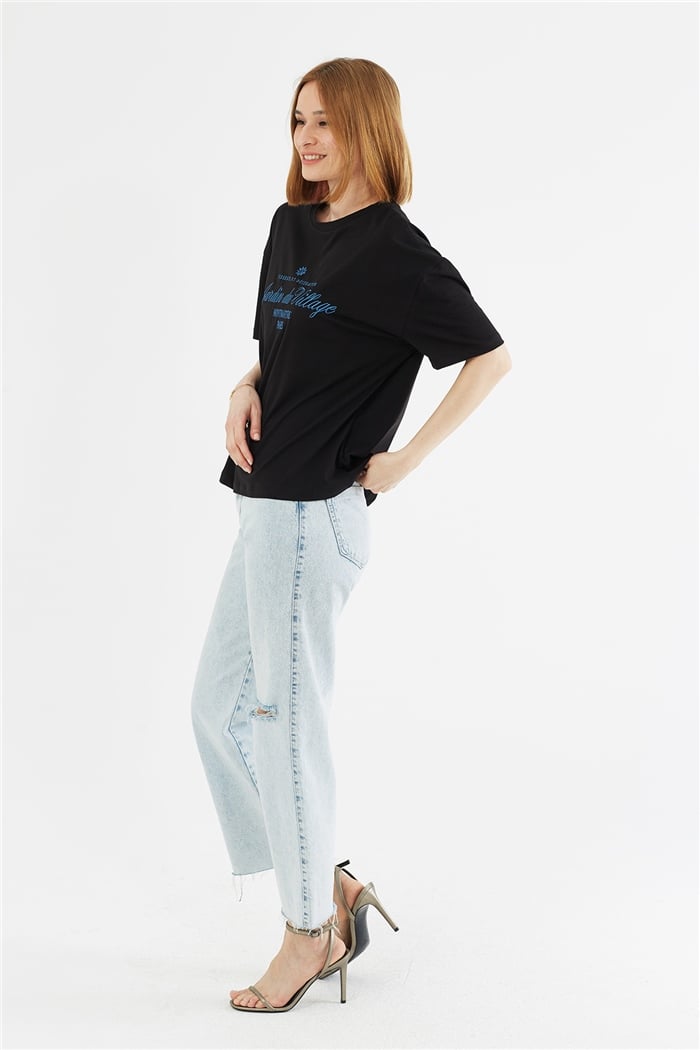 Avrile NAKIŞLI T-SHIRT  SİYAH  A22-10551