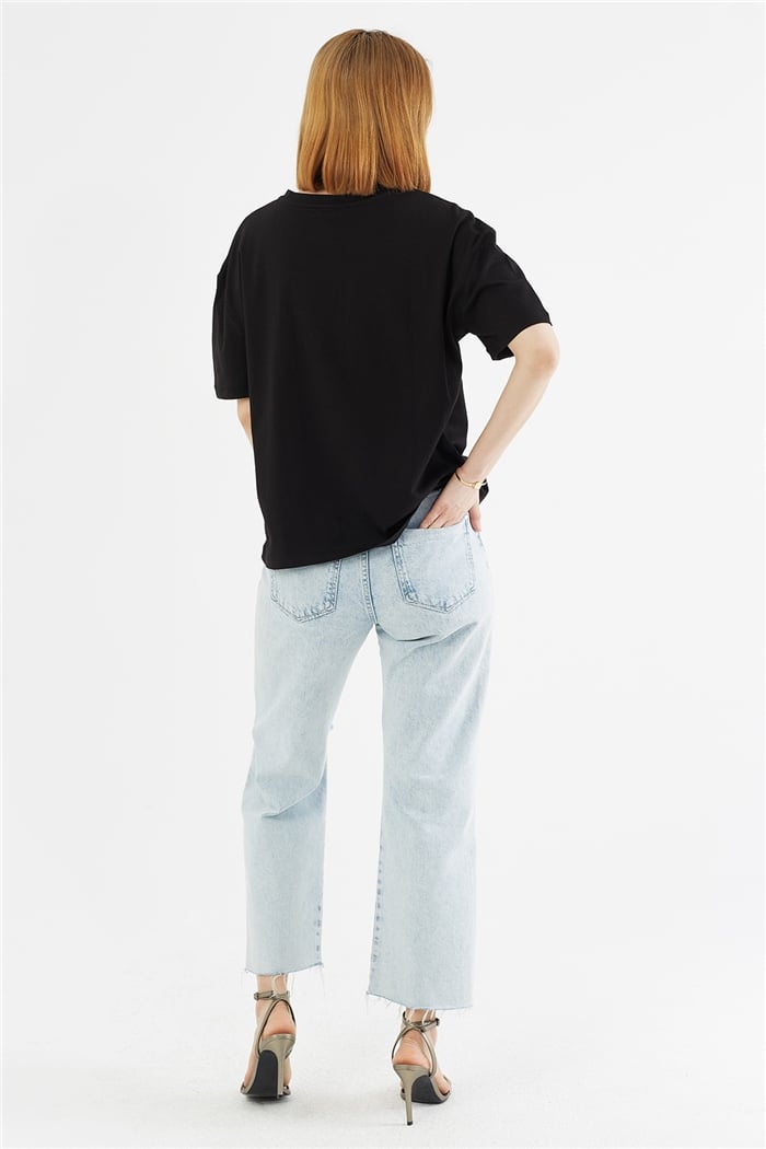 Avrile NAKIŞLI T-SHIRT  SİYAH  A22-10551