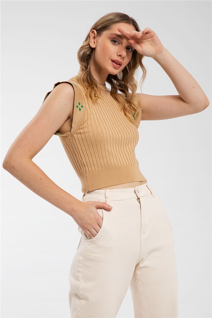 Avrile Omuzları Desenli Triko Süveter  CAMEL  A91800-S