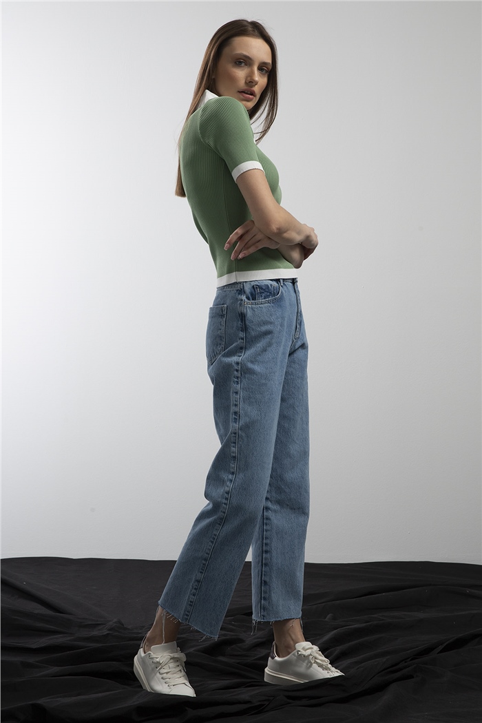 Avrile Polo Yaka Fitilli Triko Kazak  MİNT YEŞİLİ  A91647-S