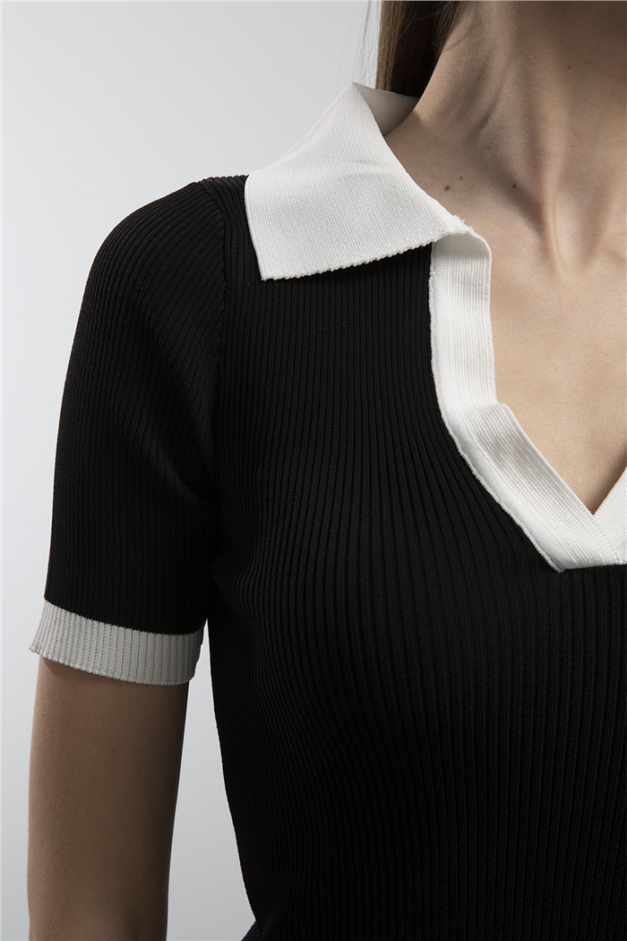 Avrile Polo Yaka Fitilli Triko Kazak  SİYAH  A91647-S