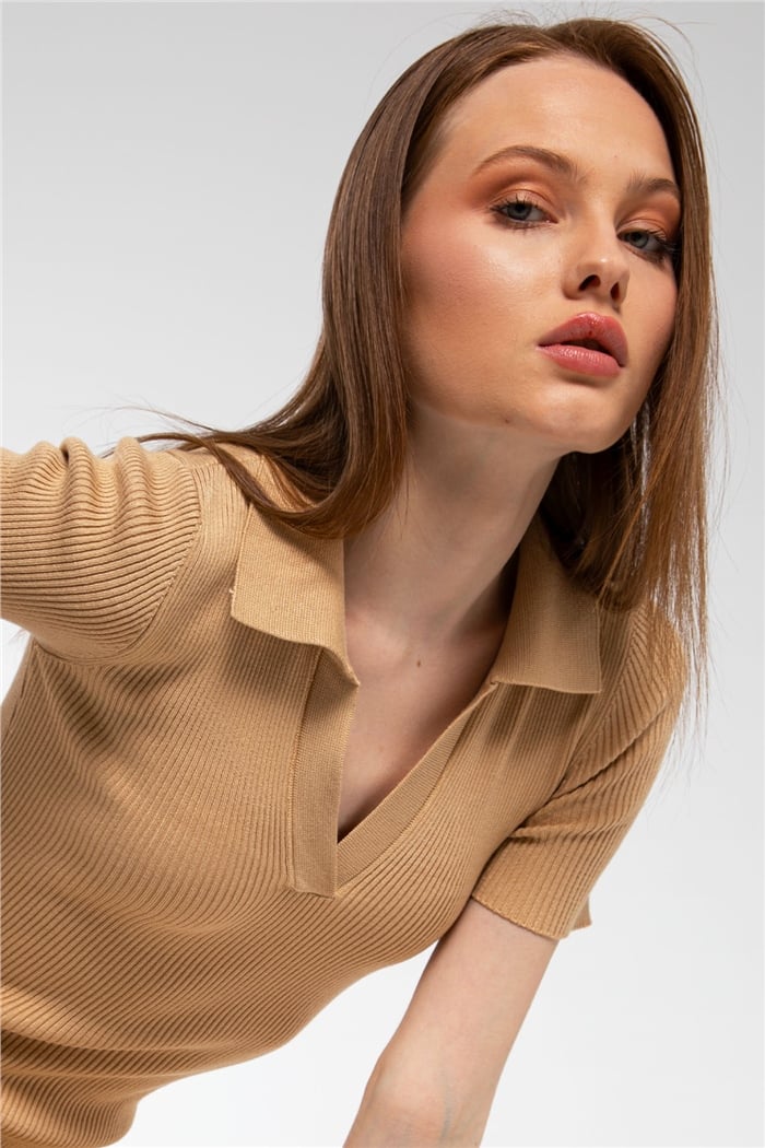 Avrile Polo Yaka Kısa Kollu Triko Elbise  CAMEL  A91688-S