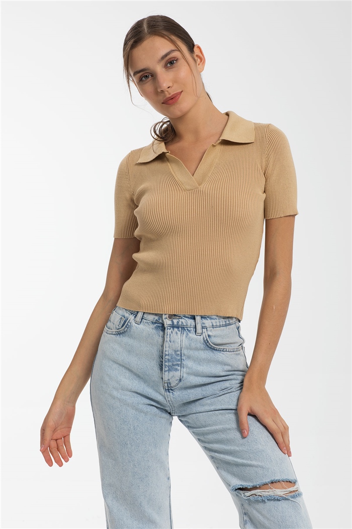Avrile Polo Yakalı Kısa Kol Triko Kazak  CAMEL  A91815-S