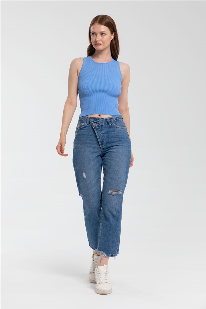 Avrile Sırtı Dekolteli Triko Bluz  MAVİ  A91765-S
