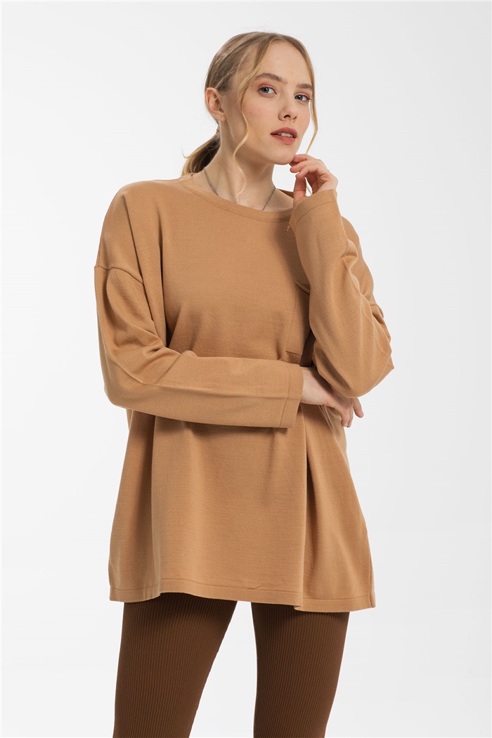 Avrile Tek Cepli Salaş Triko Kazak  CAMEL  A91908-S
