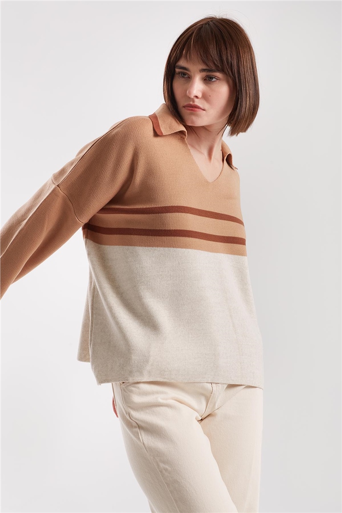Avrile V Polo Yaka Çizgi Detaylı Triko Kazak  BEJ-CAMEL  A91901-S