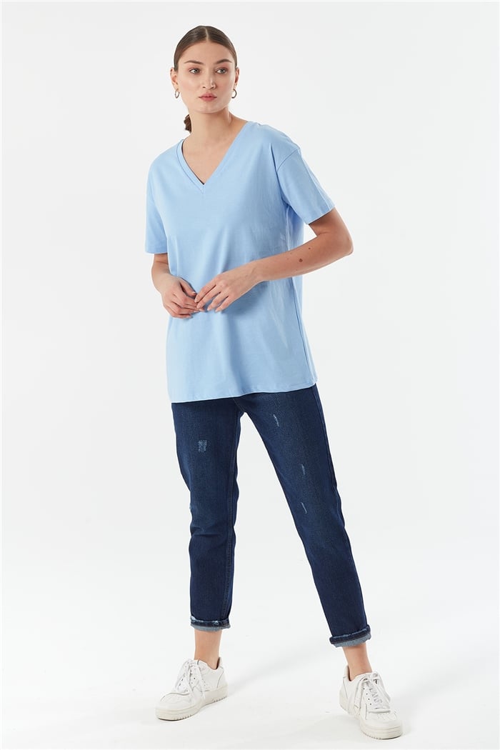 Avrile V Yaka Basic Tişört  BEBE MAVİ  A22-10530