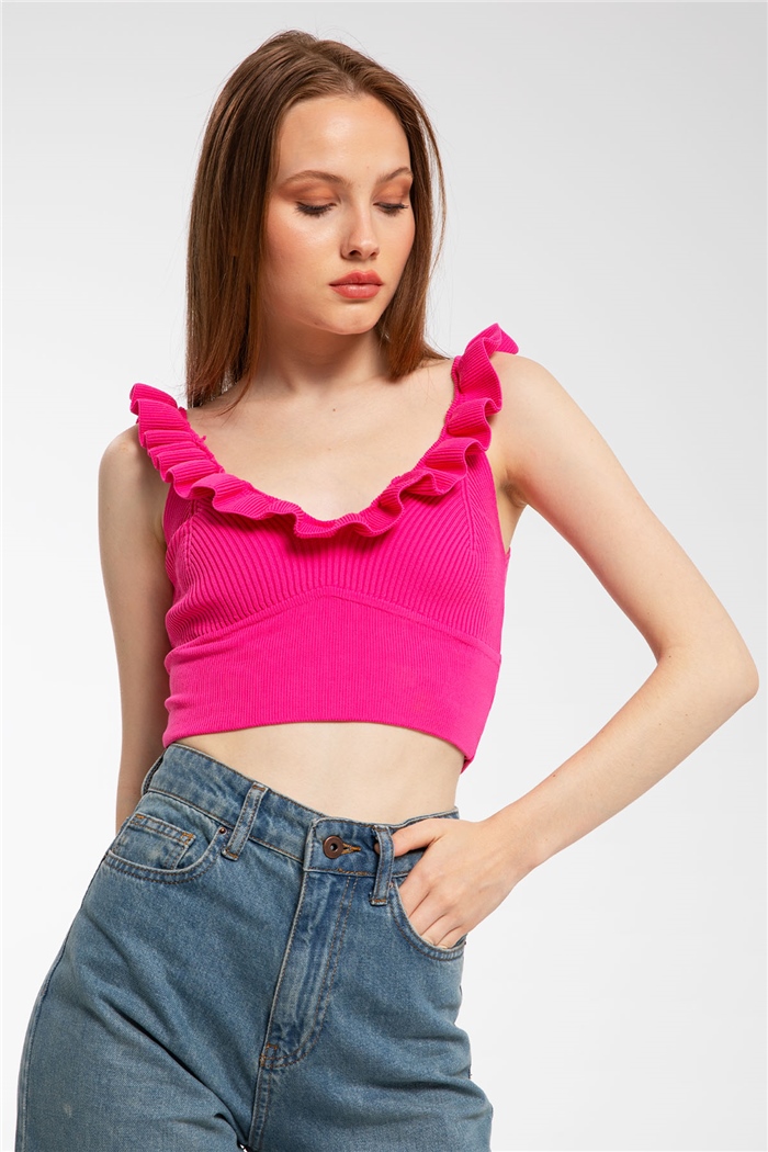 Avrile Yakası Fırfırlı Triko Bluz  FUŞYA  A91749-S