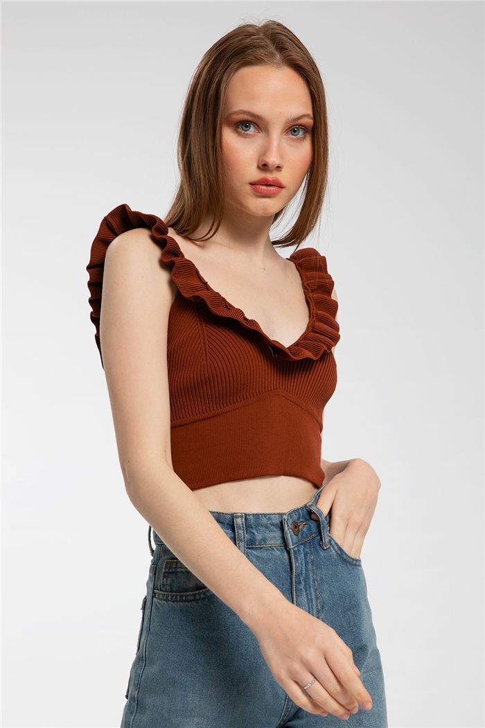 Avrile Yakası Fırfırlı Triko Bluz  KAHVE  A91749-S