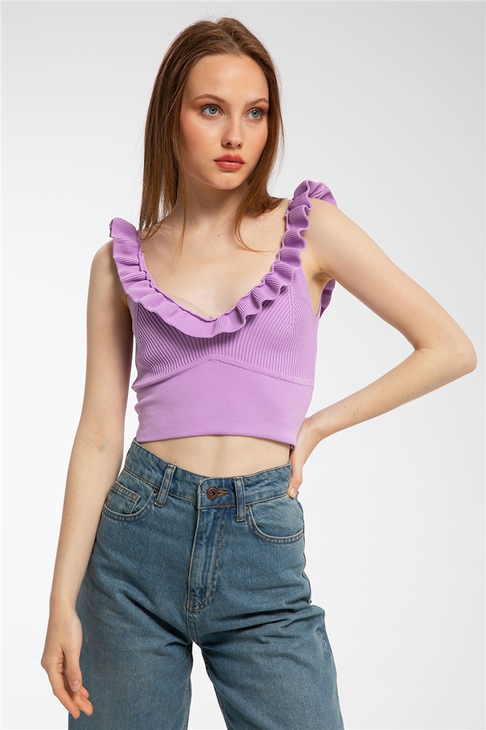 Avrile Yakası Fırfırlı Triko Bluz  LİLA  A91749-S