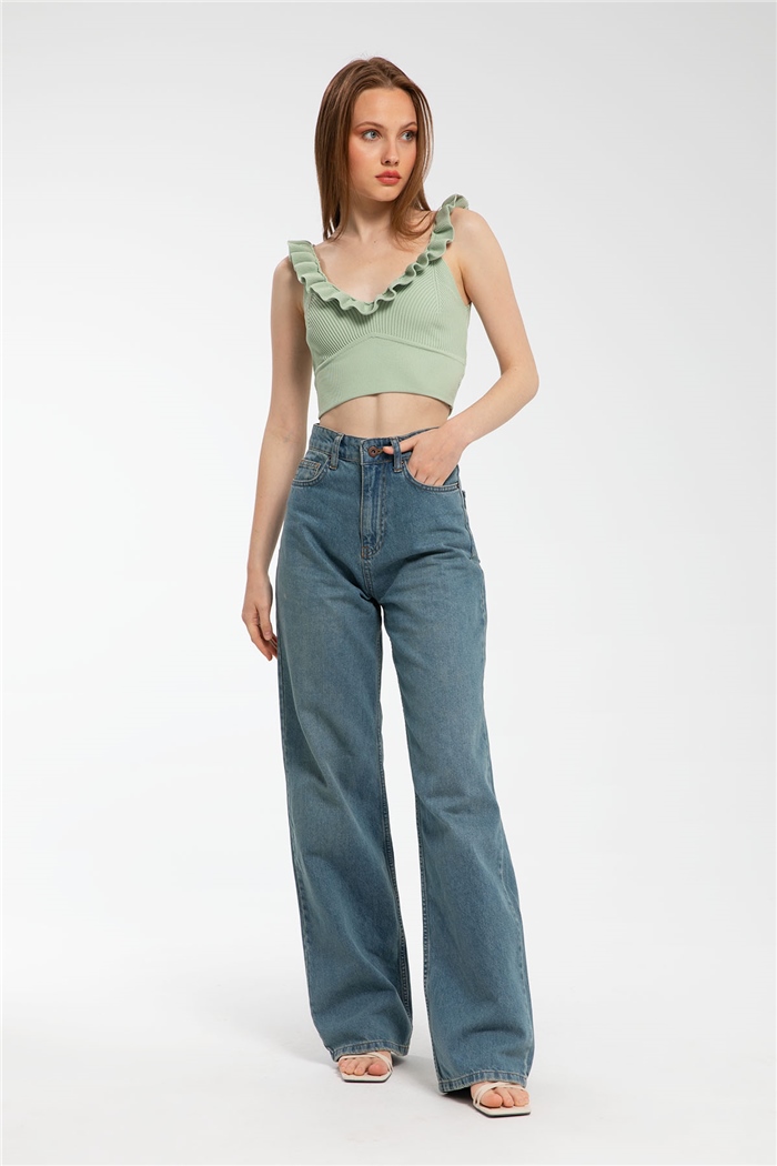 Avrile Yakası Fırfırlı Triko Bluz  MİNT YEŞİLİ  A91749-S
