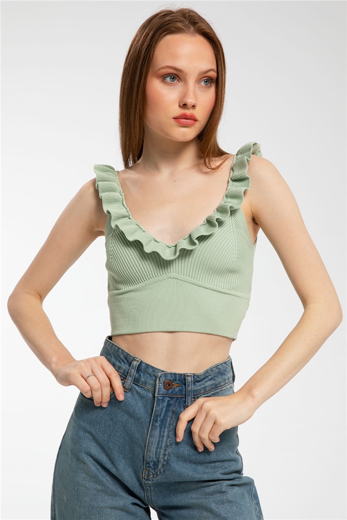 Avrile Yakası Fırfırlı Triko Bluz  MİNT YEŞİLİ  A91749-S