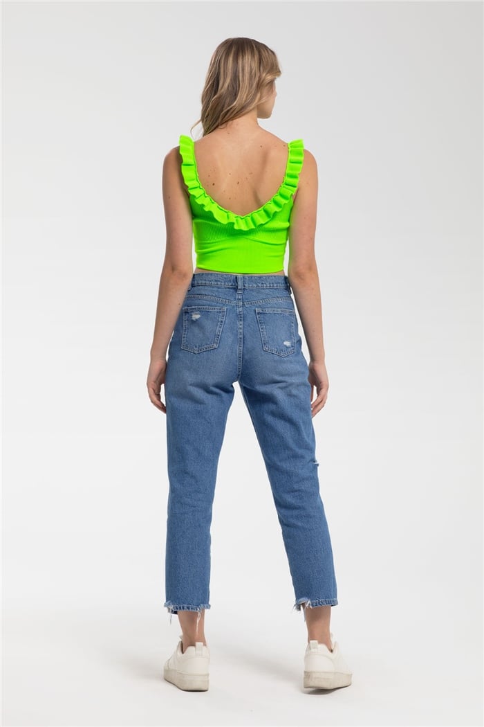 Avrile Yakası Fırfırlı Triko Bluz  NEON YEŞİL  A91749-S