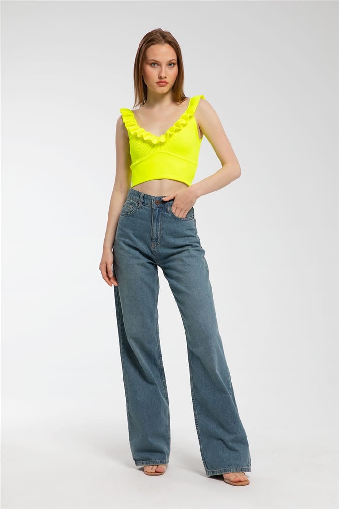 Avrile Yakası Fırfırlı Triko Bluz  NEON SARI  A91749-S