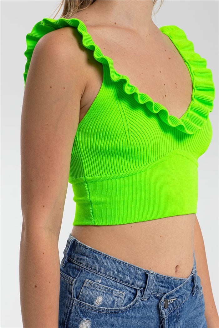 Avrile Yakası Fırfırlı Triko Bluz  NEON YEŞİL  A91749-S