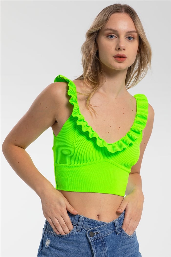 Avrile Yakası Fırfırlı Triko Bluz  NEON YEŞİL  A91749-S