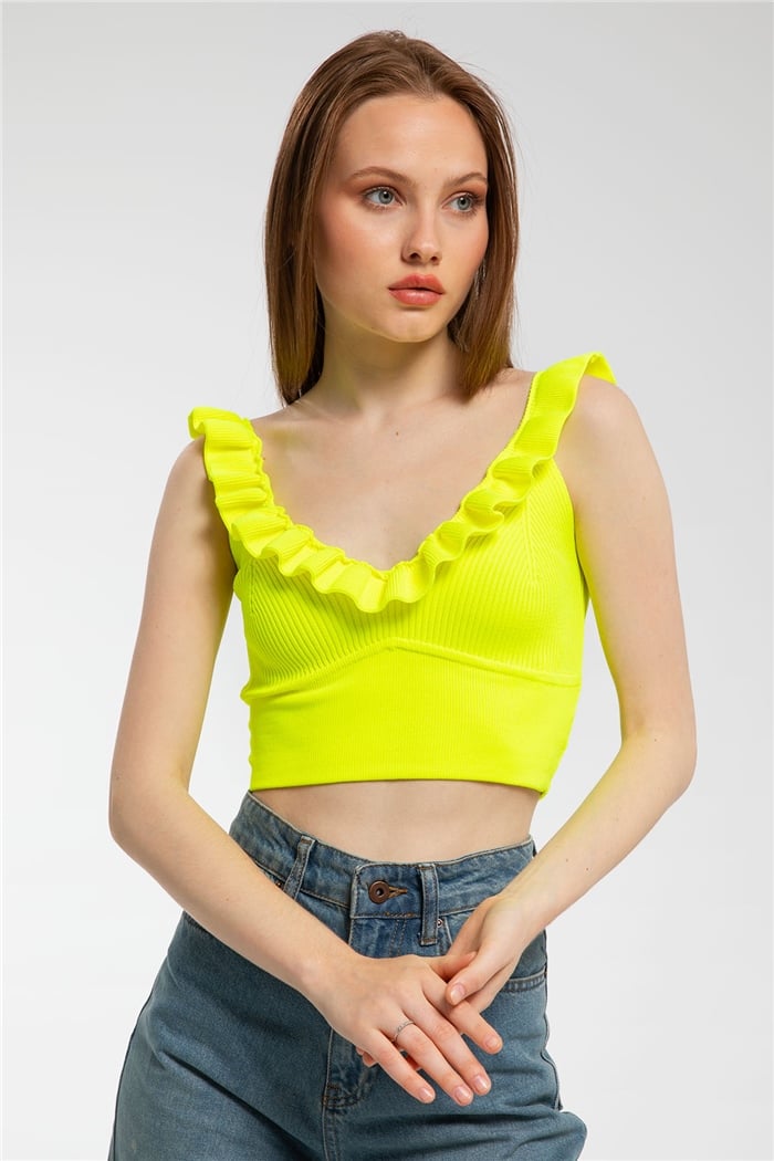 Avrile Yakası Fırfırlı Triko Bluz  NEON SARI  A91749-S