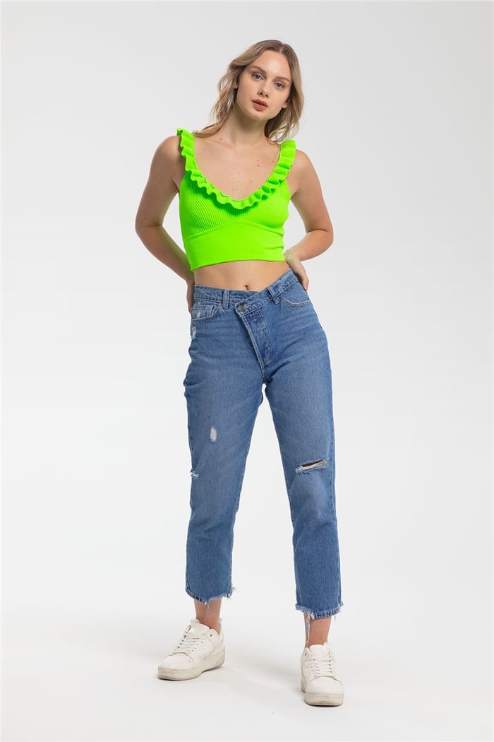 Avrile Yakası Fırfırlı Triko Bluz  NEON YEŞİL  A91749-S