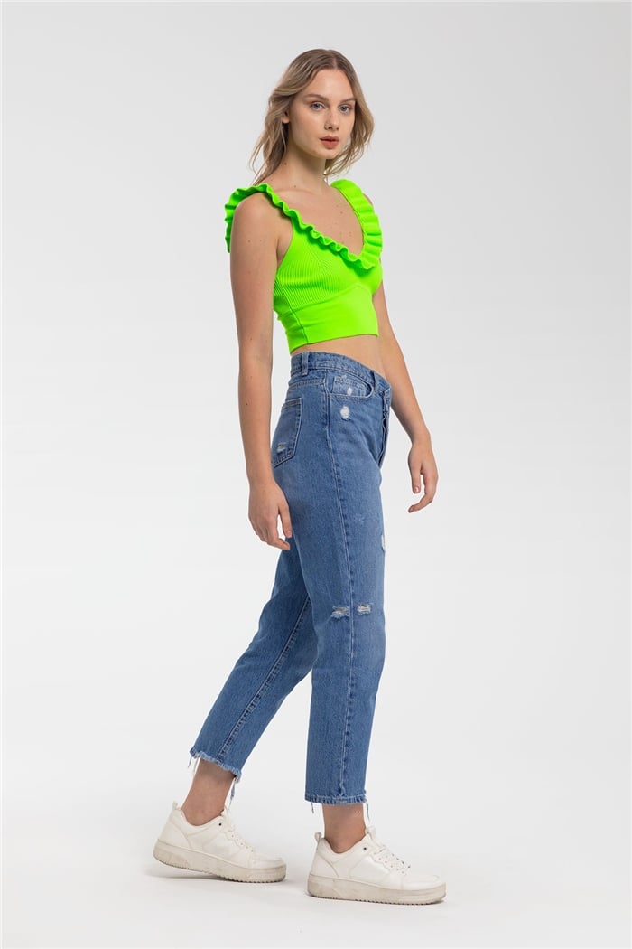 Avrile Yakası Fırfırlı Triko Bluz  NEON YEŞİL  A91749-S