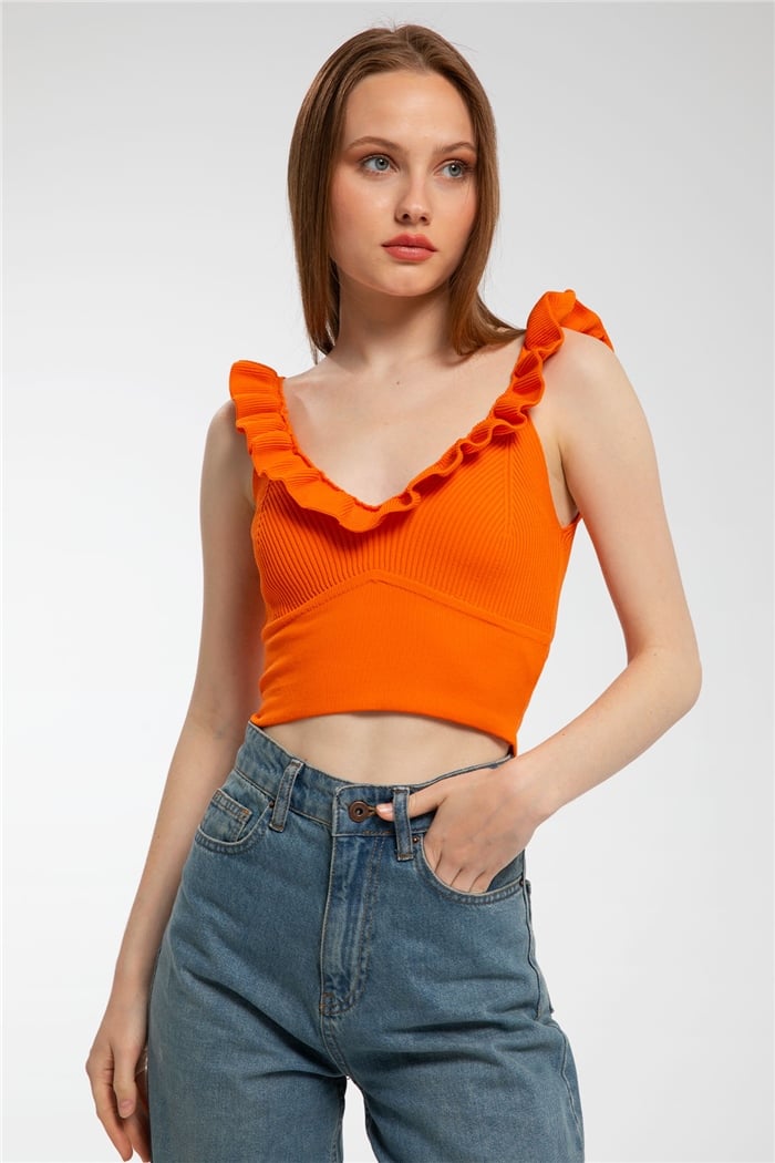 Avrile Yakası Fırfırlı Triko Bluz  ORANJ  A91749-S