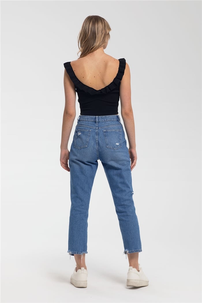 Avrile Yakası Fırfırlı Triko Bluz  SİYAH  A91749-S