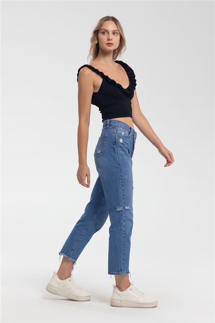 Avrile Yakası Fırfırlı Triko Bluz  SİYAH  A91749-S