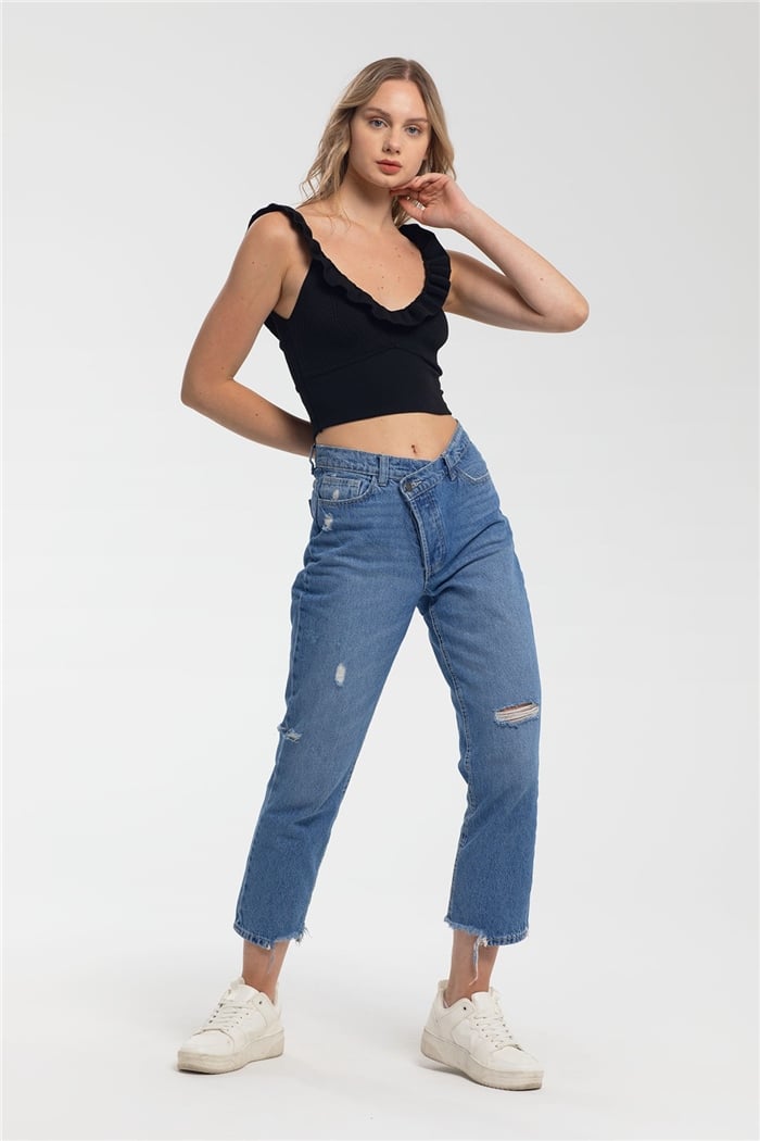 Avrile Yakası Fırfırlı Triko Bluz  SİYAH  A91749-S