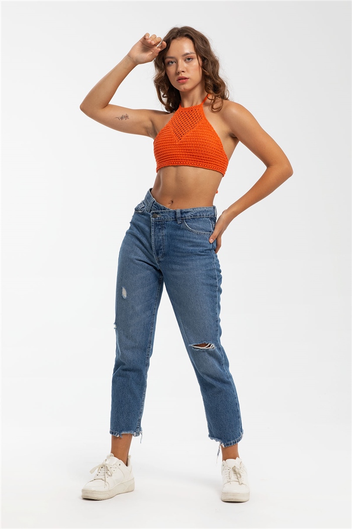 Nisan Ajurlu Triko Crop  ORANJ  TT3220-Z