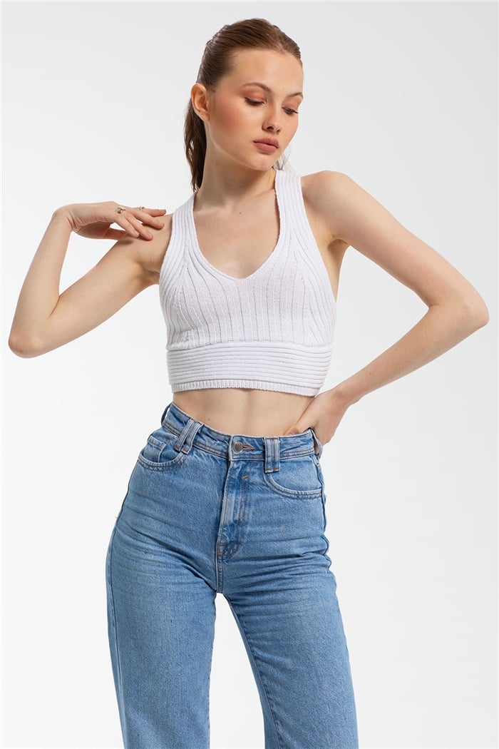 Nisan Çapraz Askılı Crop Triko Atlet  BEYAZ  TT3142-Z