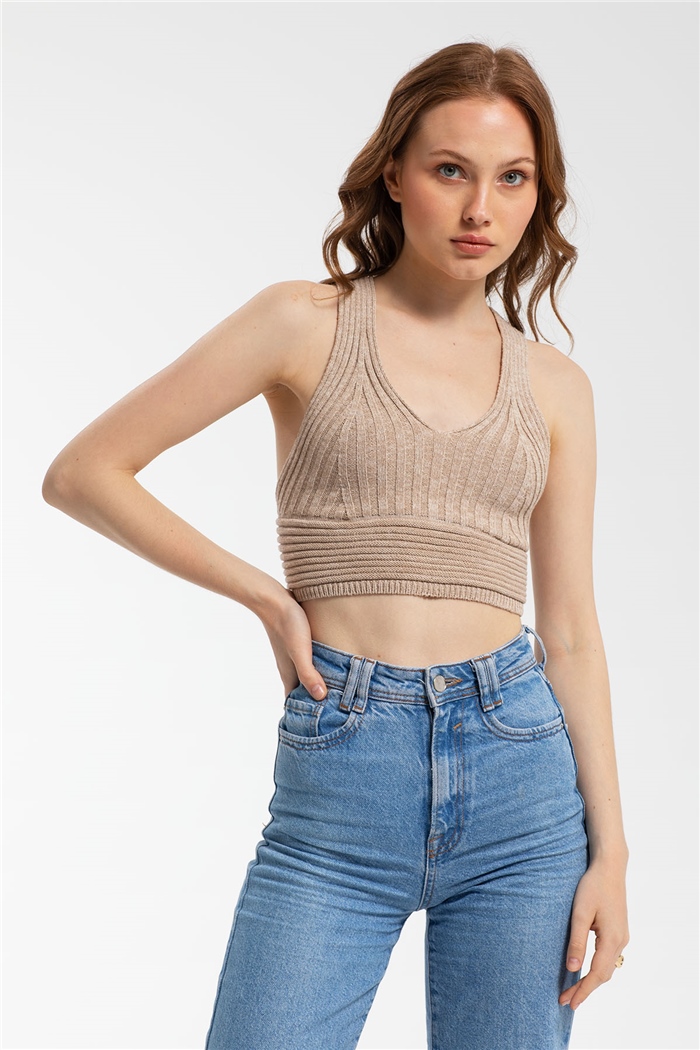 Nisan Çapraz Askılı Crop Triko Atlet  BEJ  TT3142-Z