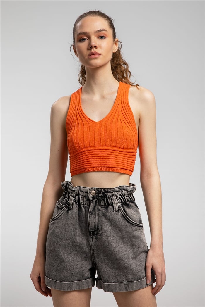 Nisan Çapraz Askılı Crop Triko Atlet  ORANJ  TT3142-Z