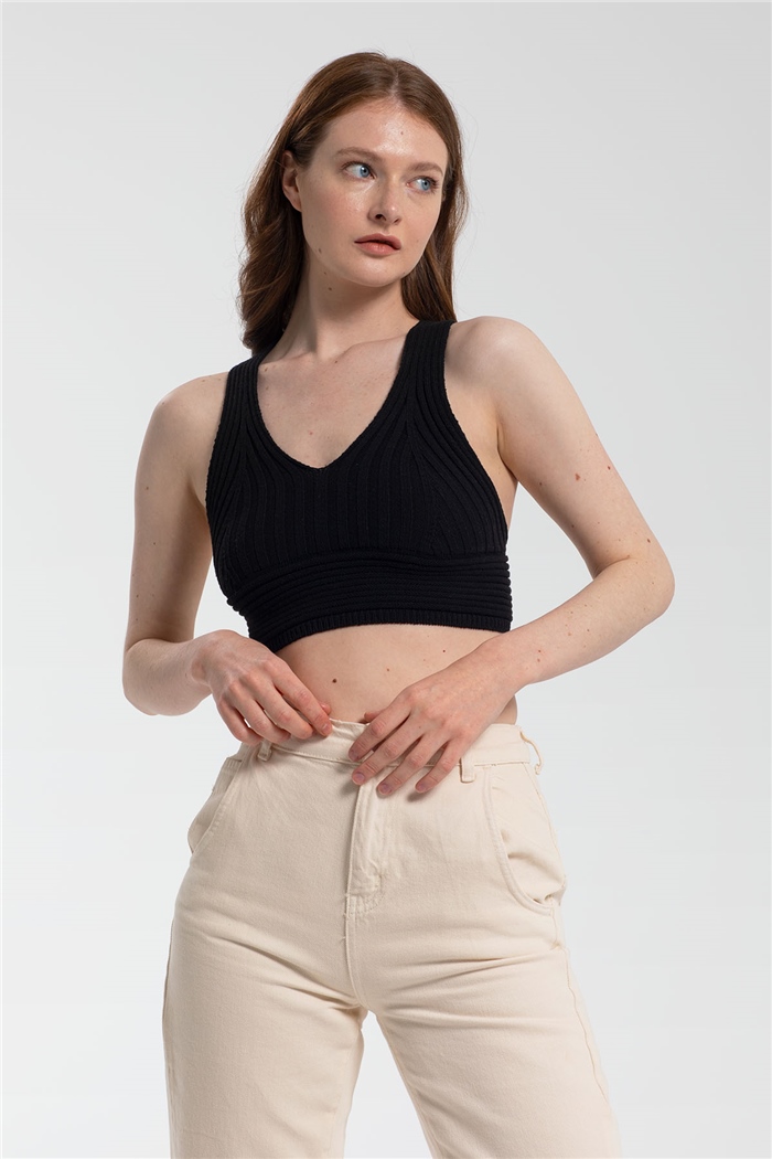 Nisan Çapraz Askılı Crop Triko Atlet  SİYAH  TT3142-Z