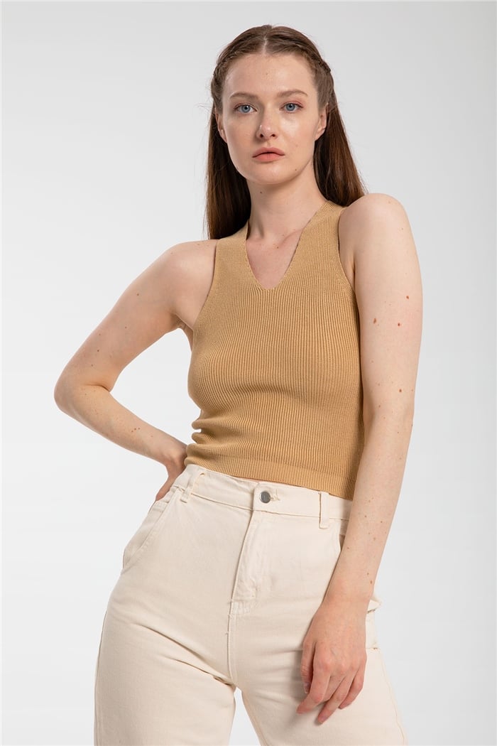 Nisan Çapraz Askılı Triko Bluz  CAMEL  TT3092-Z