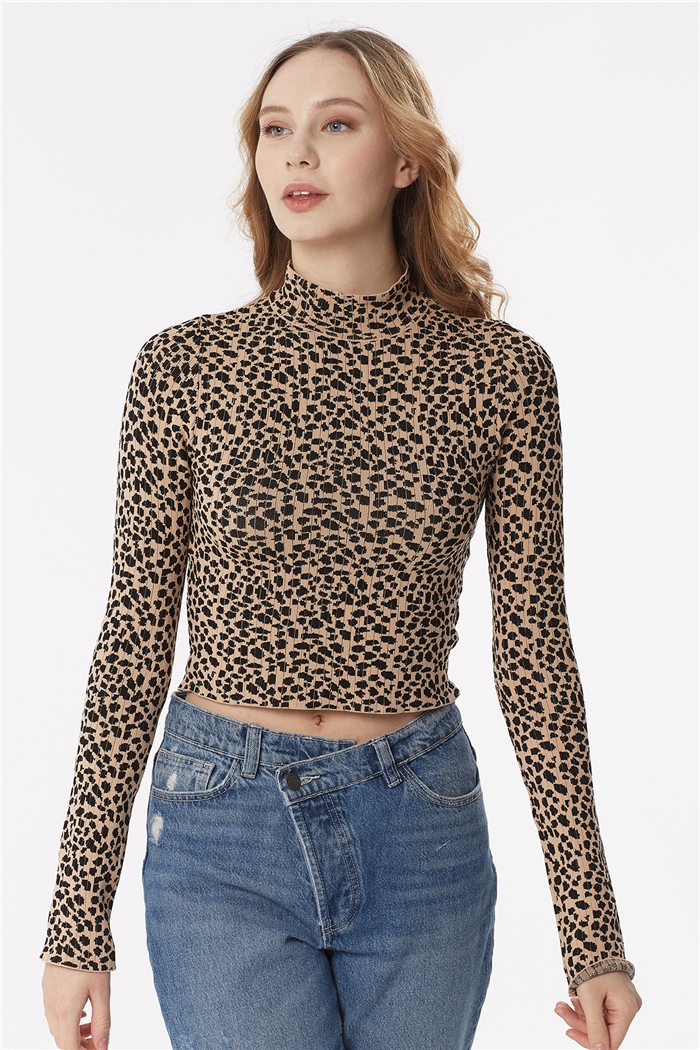 Nisan Çıtır Leopar Desenli Triko Kazak  CAMEL-SİYAH  TT3395-Z