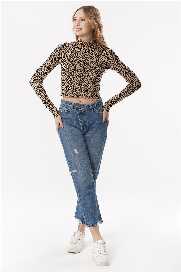 Nisan Çıtır Leopar Desenli Triko Kazak  CAMEL-SİYAH  TT3395-Z