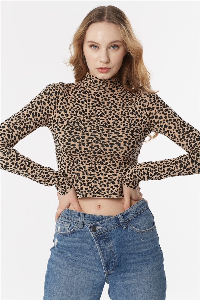 Nisan Çıtır Leopar Desenli Triko Kazak  CAMEL-SİYAH  TT3395-Z