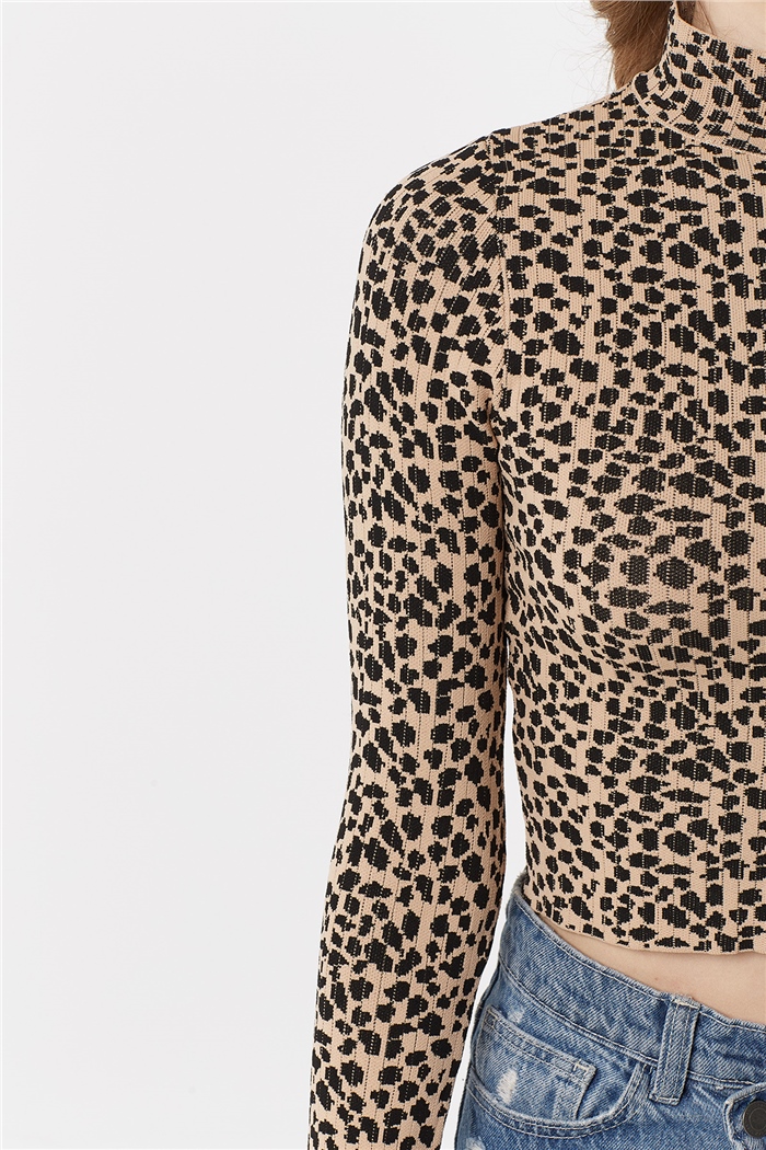 Nisan Çıtır Leopar Desenli Triko Kazak  CAMEL-SİYAH  TT3395-Z