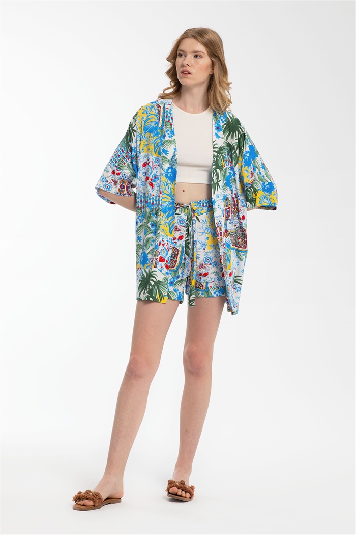 Nisan Desenli Kimono  İNDİGO  N21-1180