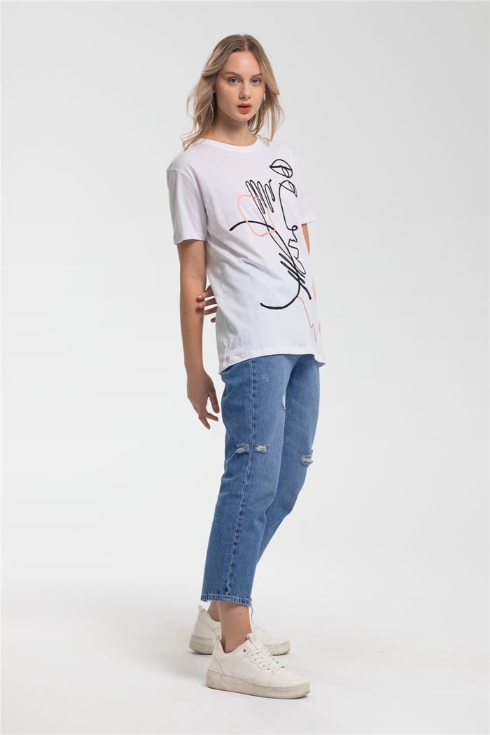 Nisan Desenli T-Shirt  BEYAZ  N21-1044