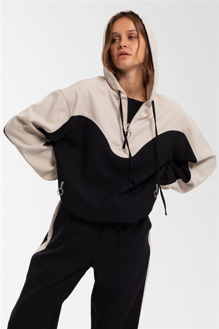 Nisan Fermuarlı Garnili Sweatshirt  SİYAH-BEJ  N21-1223