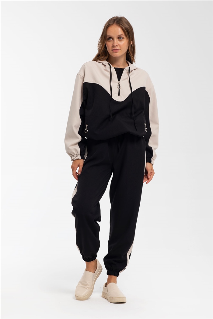 Nisan Fermuarlı Garnili Sweatshirt  SİYAH-BEJ  N21-1223