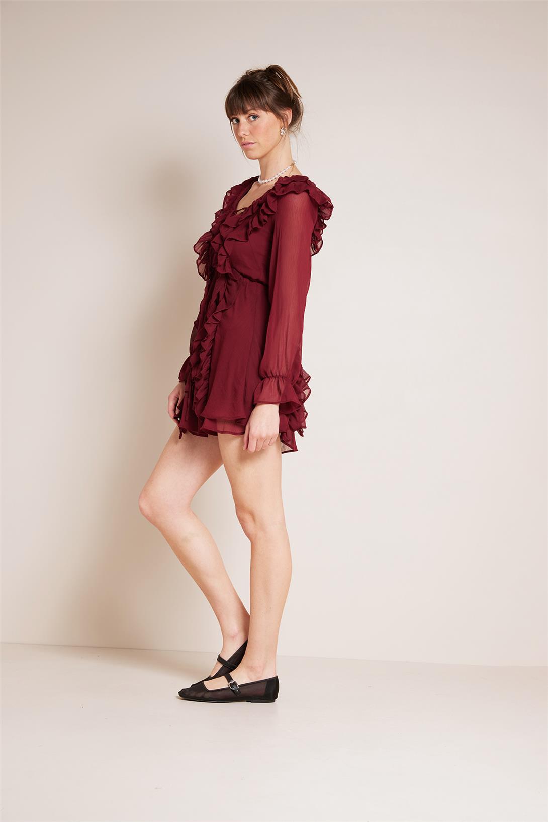 Nisan  FIRFIR DETAYLI KISA ELBİSE BORDO N25-2103
